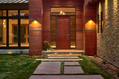 Large minimalist multicolored two-story mixed siding exterior home photo in San Francisco with a metal roof