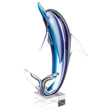 14 Mouth Blown Tall Blue Dolphin On Clear Base Art Glass