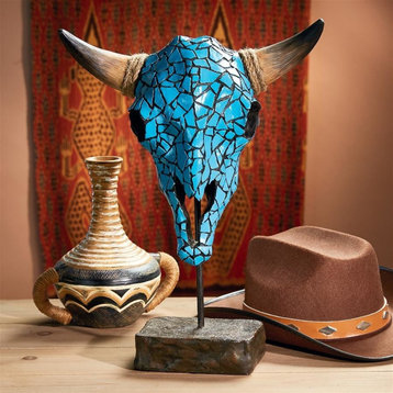 Western Faux Turquoise Encrusted Cow Skull Statue