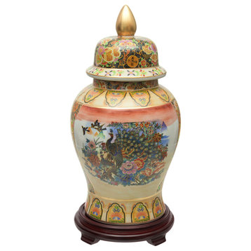 18" Satsuma Peacock Porcelain Temple Jar