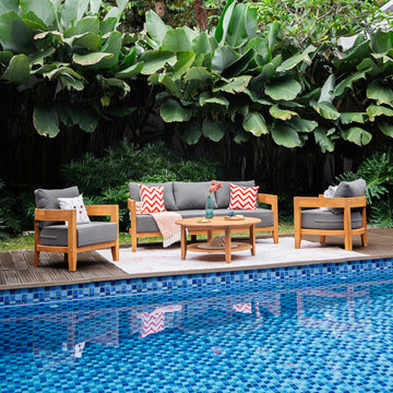 Harper Teak Wood Outdoor 4 Piece Conversation Set with Gray Cushion