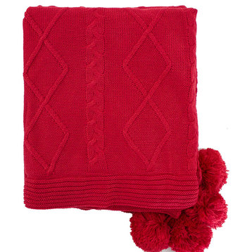 Luxe Faux Fur Cable Knit Reversible Pom Pom Throw Blanket 50"x60", Red