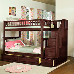 Columbia Antique Walnut Twin over Twin Staircase Bunk Bed with Raised Panel Trun - Bunk Beds