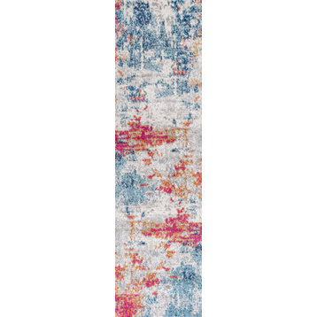 Sunset Modern Abstract Area Rug, Blue/Multi, 2 X 8