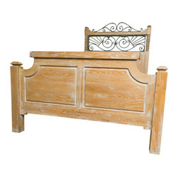 Queen Size Wooden Bed with Wrought Iron Headboard - Beds
