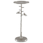 Currey & Company - Piaf Silver Drinks Table - The Piaf Silver Drinks Table is a cast aluminum accent table in a luminous polished nickel finish that will make it gleam from its spot in a room. The whimsical design has two birds perched on twigs extending from a branch-like stem that holds its top. We also offer the Piaf in a shining gold finish.