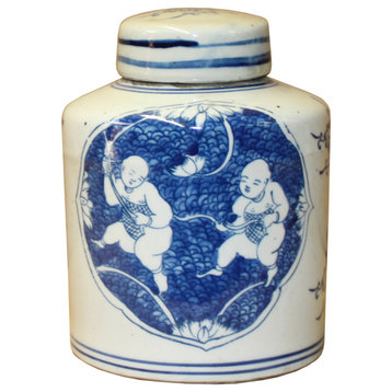Chinese Blue White Ceramic Double Kids Graphic Container Urn Jar Hws870