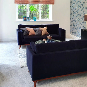 Classic blue and blush pink living room with a hint of Art Deco