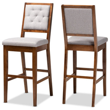Gideon Modern Grey Upholstered and Brown Finished Wood 2-Piece Bar Stool Set