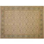 Bareens Designer Rugs - Oriental Ziegler Hertha Tan Green Hand-Knotted Wool Rug - 10'0'' x 13'8'' - Enhance the ambiance of your home with this magnificent Persian-influenced Turkish hand-knotted rug made by skilled artisans capable of creating the most exceptional vegetable dyes and hand-spun wool. This exquisite handmade rug is a one-of-a-kind Peshawar Kafkaz, otherwise identified as Chobi, Chobi Peshawar, Oushak, or Ziegler rug. These handmade rugs are crafted in Pakistan utilizing superior-quality wool imported from Australia, New Zealand, and Korea in two types of weaves: the Persian weave and the Mori weave. This rug is meticulously crafted by hand using the finest natural vegetable dyes extracted from local plants. The artisans use a blend of hand-spun local and fine merino wool, resulting in a rug with a compelling texture, higher lanolin content, and longer staple. The artisans occasionally incorporate natural or artificial silk into the pile to enhance specific motifs. The finished product is an awe-inspiring execution of flawless design and an understated palette that exudes elegance.