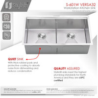 STYLISH 32 in Workstation Double Bowl Undermount Kitchen Sink with Accessories