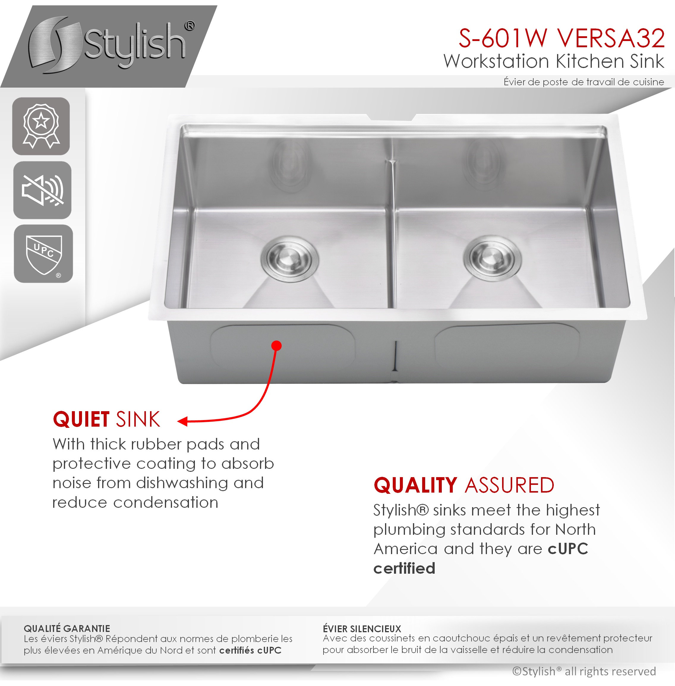 STYLISH 32 in Workstation Double Bowl Undermount Kitchen Sink with Accessories