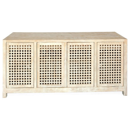 Luxe Light Drift Wood Lattice Media Cabinet, Cutout Grid Open Coastal Buffet