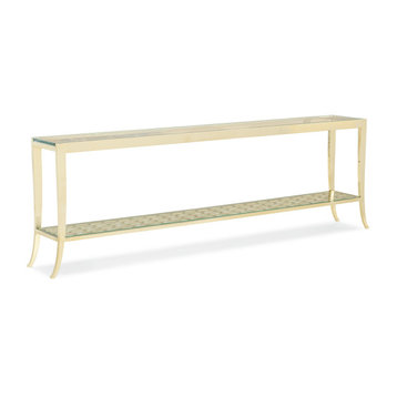 In A Holding Pattern, Gold Glass Top Console Table With Openwork Shelf