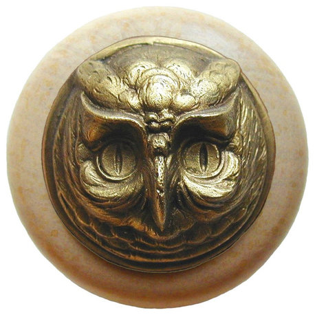 Wise Owl Wood Knob, Antique Brass, Natural Wood Finish, Antique Brass