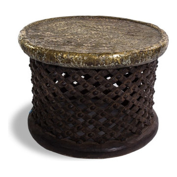 AFRICAN BAMILEKE DRUM TABLE ENGRAVED BRASS TOP