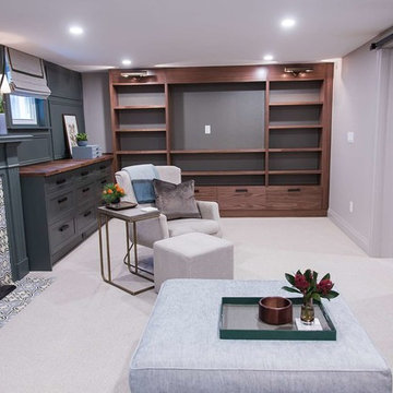 Basement Family Room with Built In Solid Wood Cabinetry