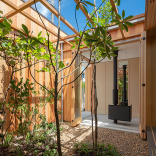 Exemple d'un petit jardin asiatique l'été avec une cheminée, du gravier et une exposition ensoleillée.