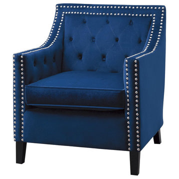 Classic Accent Chair, Padded Seat With Button Tufted Back & Nailhead Trim, Navy