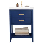 Design Element - Cara 24" Single Sink Vanity, Blue - The Cara 24" Single Sink Vanity by Design Element provides the perfect finishing touch to your bathroom remodel project. Constructed of solid hardwood, this vanity will maintain its beauty and functionality year after year. The porcelain countertop and integrated sink with overflow perfectly matches the styling of the cabinet, and is extremely simple to maintain. There is ample storage space for this vanity despite its small size. Hidden in the flip down drawer is a unique and useful storage box, and a second fully functional drawer constructed with dovetail joinery sits on soft close glides. There is also an open shelf at the base of the cabinet. The included satin gold hardware provides the perfect finishing touch to the blue cabinet. Faucet and drain are not included.