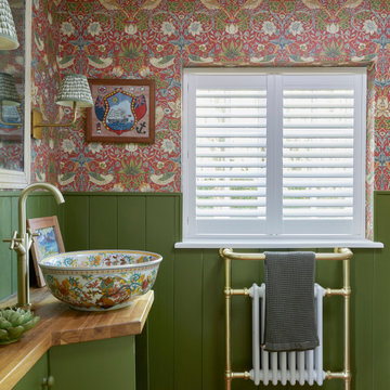 Eclectic Cottage Bathroom Shutters