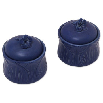 Blue Frangipani Ceramic Condiment Jars, Set of 2