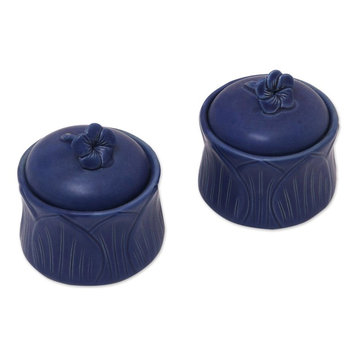 Blue Frangipani Ceramic Condiment Jars, Set of 2
