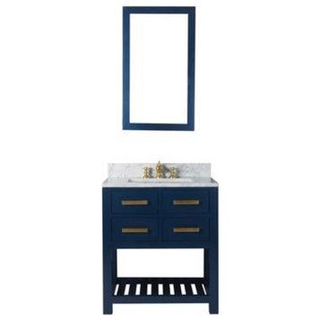 Madalyn 30" Monarch Blue Bathroom Vanity With Satin Brass Faucet And Mirror