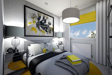 Bedroom - small contemporary guest carpeted and beige floor bedroom idea in West Midlands with white walls