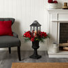 33" Holiday Xmas Berries & Poinsettia W/Large Lantern & LED Candle Set, Urn