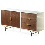 StyleCraft - Gemma Santa Monica Two Door Three Drawer Credenza Cabinet White and Brown - The Gemma credenza cabinet has two doors and three drawers in walnut veneer, while the exterior frame has a contrasting white gloss lacquer. Its hardware and legs come in a brass finish to complete the look. This modern addition provides attractive storage to the living room while enhancing the style of contemporary spaces.