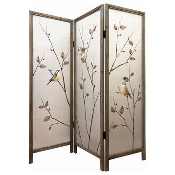 Benzara BM205893 Art Styled 3 Panel Wooden Screen with Hand painted, Beige
