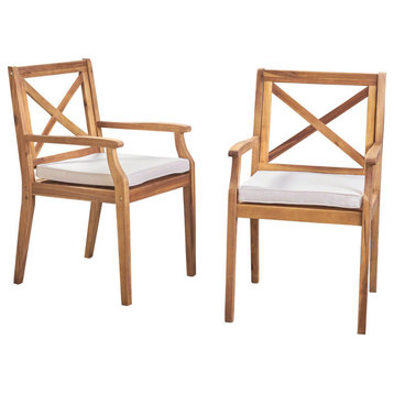 GDF Studio Peter Outdoor Acacia Wood Dining Chair, Set of 2, Teak/Cream Cushion