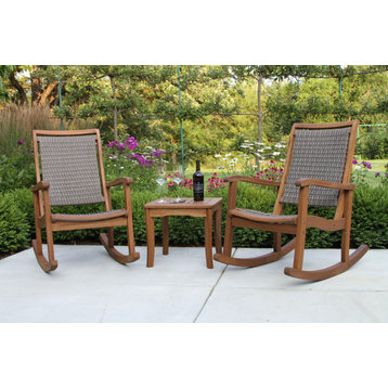 3-Piece Eucalyptus/Driftwood Gray Wicker Rocking Chair Set, Square Table