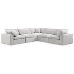 Meridian Furniture - Comfy Upholstered L-Shaped Modular Sectional, Cream, 5-Piece: 2 Armless Chair, 3 Corner Chair, Velvet - Give your space a whole new look with this cream Comfy velvet sectional. This handsome sectional fits nicely with other items in the Comfy collection and is a versatile seating option designed for adaptability, comfort and style. Wrapped in rich cream durable velvet upholstery, this sectional offers a plush embrace of overstuffed down feather cushions, carefully crafted to deliver the highest level of comfort. The perfect seat for creating an oasis for relaxation, this sectional has thick foam surrounding its frame for added support and coziness.