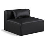 Meridian Furniture - Cube Upholstered Modular Component, Black, Vegan Leather, Armless Chair - Elevate your space with the luxurious Cube Vegan Leather Armless Chair. This armless chair exudes modern elegance, charm, and comfort making it a perfect addition to any contemporary living space. Its clean lines and cube shape are reminiscent of minimalist design, while the plush black vegan leather upholstery adds a touch of luxury and sophistication. The chair's versatile construction and geometric aesthetic seamlessly integrate into various design styles, from sleek living rooms to chic home offices, embodying the essence of modern design and creating a sense of order and tranquility in your space.
