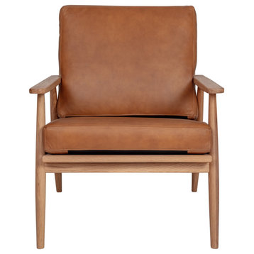 Harper Brown Tan Top Grain Leather Seat Wood Arm Accent Chair