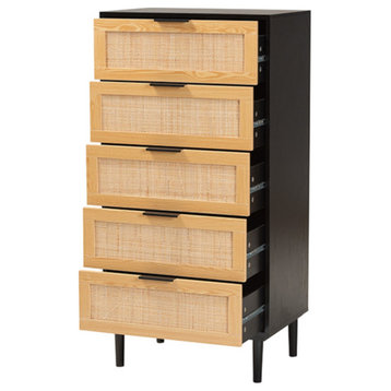 Maureen Modern Espresso Brown Wood And Rattan 5-Drawer Storage Cabinet