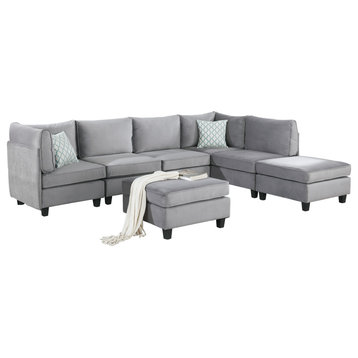 Zelmira Gray Velvet 7-Piece Modular Reversible Sectional Sofa, Corner Couch