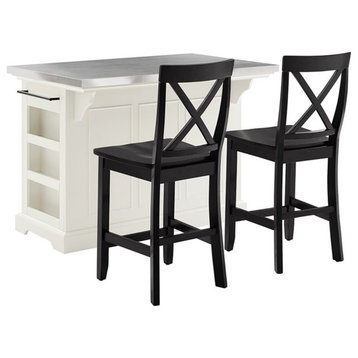 Pemberly Row Wood/Metal Kitchen Island with X Back Stools in White/Silver/Black