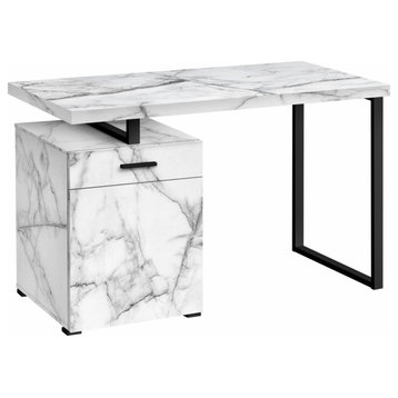 Modern Desk, Metal Frame With Drawer & Single Door Cabinet, White Faux Marble