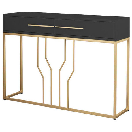 Narrow Console Table with Drawers Wood Top in Black