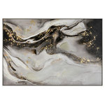 Elk Home - Flow Wall Art - Flow is a dynamic abstract painting featuring marble-like swirls of black and grey. Gold flecks throughout the piece add a luxe metallic note, and simple white frame complete the look.
