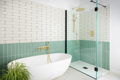Contemporary, colourful renovation including bespoke kitchen and sage/brass bath