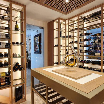 Oak Wood Wine Racking with Perforated Ceiling - Custom Wine Cellar, Miami FL