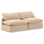 Meridian Furniture - Comfy Upholstered Modular Sofa, Beige, 2-Piece: 2 Armless Chair, Velvet - Give your space a whole new look with this beige Comfy velvet sofa. This handsome sofa fits nicely with other items in the Comfy collection and is a versatile seating option designed for adaptability, comfort and style. Wrapped in rich beige durable velvet upholstery, this sofa offers a plush embrace of overstuffed down feather cushions, carefully crafted to deliver the highest level of comfort. The perfect seat for creating an oasis for relaxation, this sofa has thick foam surrounding its frame for added support and coziness.