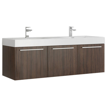 Fresca Vista 60" Walnut Wall Hung Double Sink Cabinet With Integrated Sink