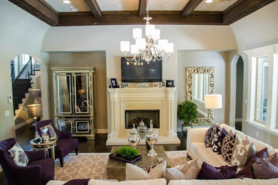 Design ideas for a large transitional enclosed living room in Dallas with beige walls, dark hardwood floors, a standard fireplace, a stone fireplace surround and a wall-mounted tv.