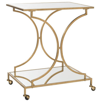 Elegant Bar Cart, Curved Metal Frame With Mirrored Glass Top & Shelf, Gold