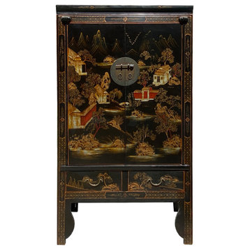 Chinese Distressed Black Color Scenery Moon Face Wardrobe Cabinet Hcs7331